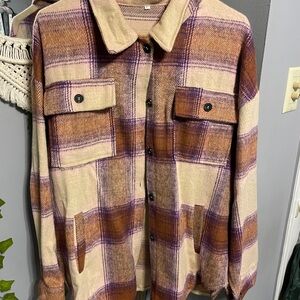 Plaid Button-Up Shirt in Purple and Tan